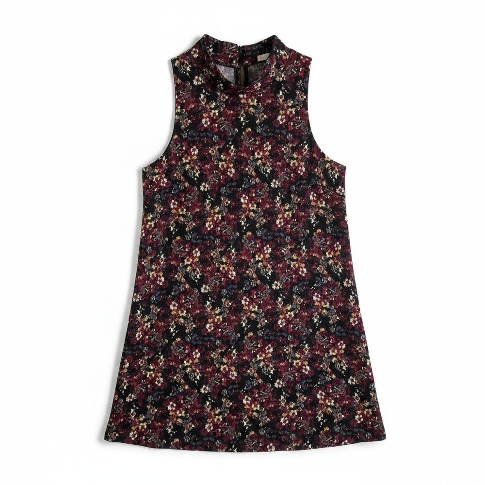 VTG LUSH Women Mock Neck Sleeveless Mini Dress Dark Florals S Whimsigoth USA Y2k